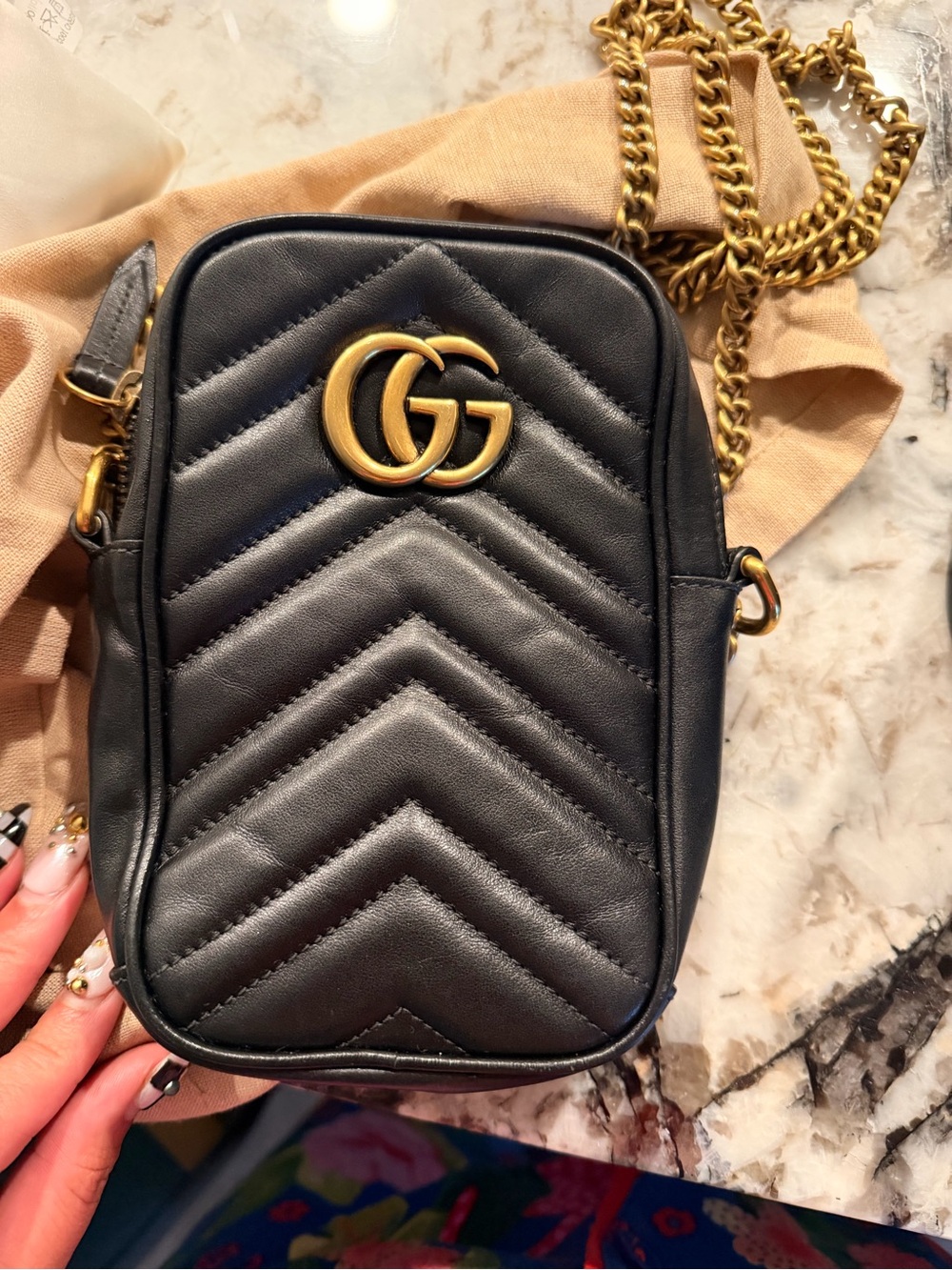 Gucci Black Chevron GG Marmont Crossbody with Gold Chain